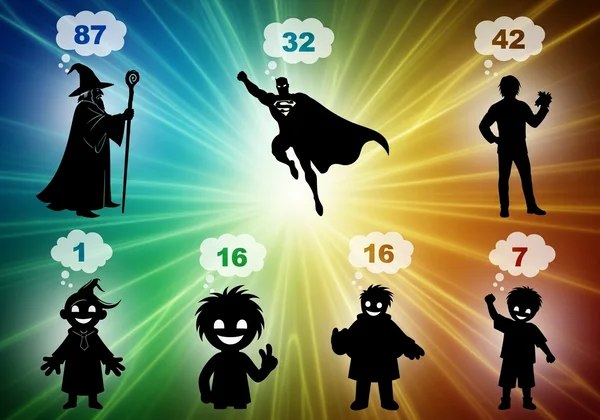 各种虚构人物，思想泡泡中显示数字