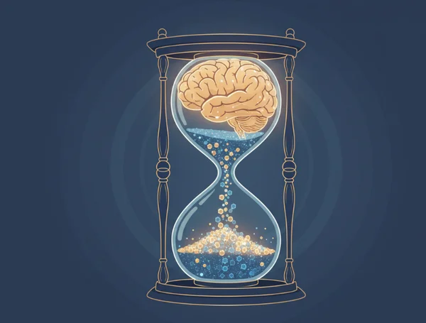 A stylized vintage illustration of a human brain merging with a complex hourglass