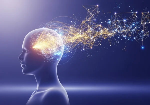 一个人形剪影与 AI 连接以进行自我发现