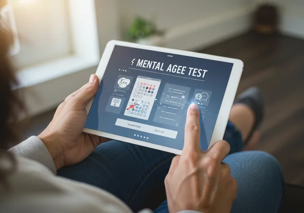 Person nimmt online einen Test zum mentalen Alter auf einem Tablet vor