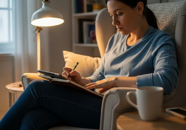 Person journaling and reflecting on self-growth.