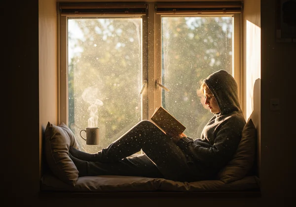 Person reading a book peacefully in a cozy, sunlit nook.