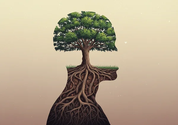 Silhouette with an ancient, wise tree inside them.