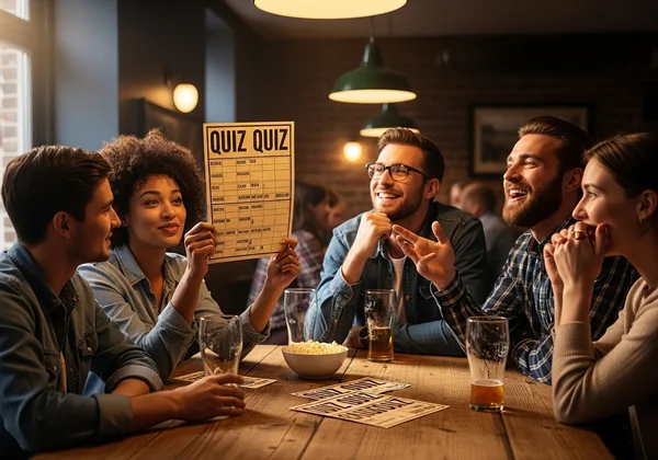Friends laughing, playing mental age quiz game at a party