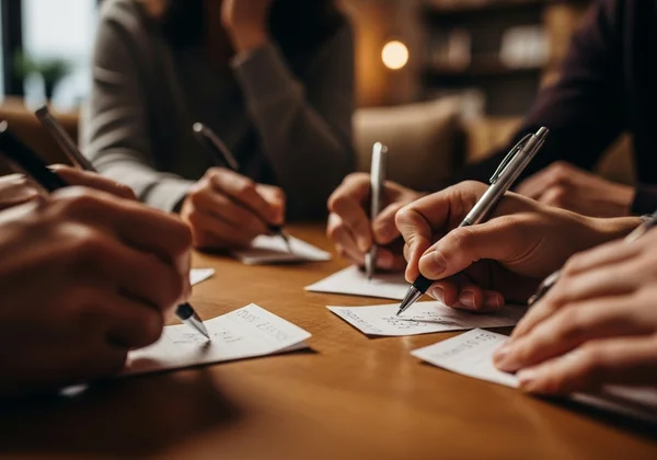 Hands writing on paper, guessing mental age during a quiz