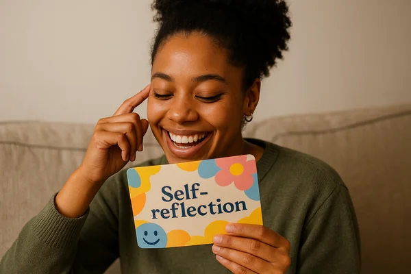 Smiling woman holding a self-reflection card