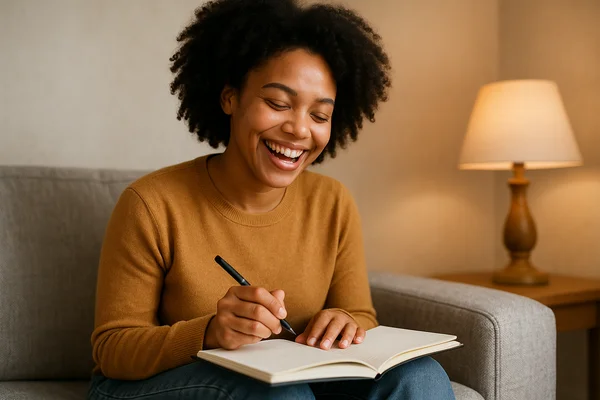 Smiling woman journaling on a couch